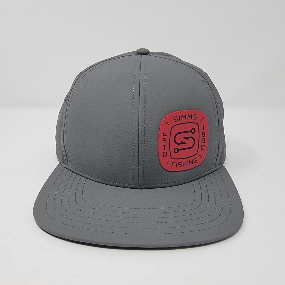 Simms Flatbill Cap Slate Gray Red Logo Patch Adjustable One Size Hat